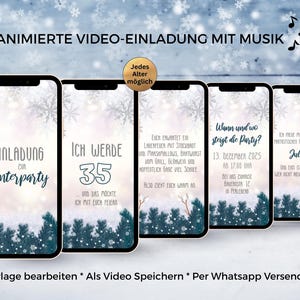 May include: Five smartphone screens display a digital winter party invitation template with snowflake graphics, pine tree silhouettes, and German text including 'Einladung zur Winterparty', 'Ich werde 35', and event details.