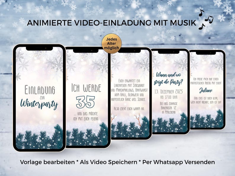 May include: Five smartphone screens display a digital winter party invitation template with snowflake graphics, pine tree silhouettes, and German text including 'Einladung zur Winterparty', 'Ich werde 35', and event details.