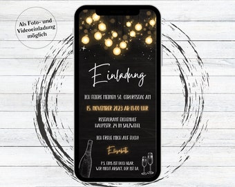 Digital birthday invitation champagne board fairy lights neon black white | eCard to send via Whatsapp with photo