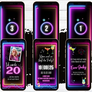 eCARD neon Geburtstags Party Einladung für 18. 20. 30. 40. 50. Geburtstag, digitale animierte WhatsApp Einladungen mit Foto und Countdown Bild 1