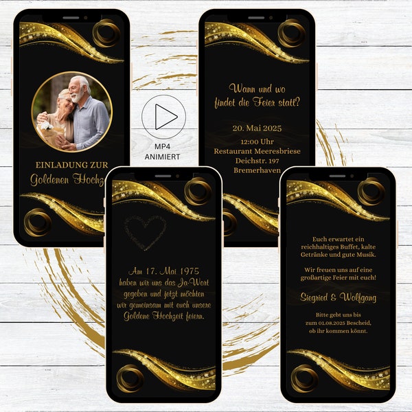 Invitation numérique aux noces d'or en or noir pour WhatsApp, invitation électronique personnalisable pour le 50e anniversaire de mariage