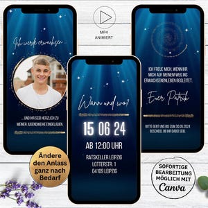 Digitale Einladungskarte für Jugendweihe | Konfirmation | Kommunion | Firmung | animierte Einladung mit Foto blau gold | Jugendfest Feier