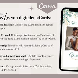 May include: A digital wedding invitation with a green and gold floral design. The invitation features a photo of a couple in their wedding attire. The text on the invitation reads "Wir sagen Danke".