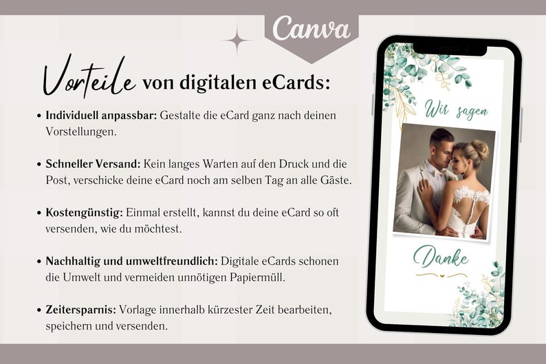 May include: A digital wedding invitation with a green and gold floral design. The invitation features a photo of a couple in their wedding attire. The text on the invitation reads "Wir sagen Danke".