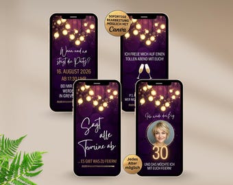 Digital birthday invitation for women | Canva template | Editable WhatsApp birthday invitation for women | Purple and gold
