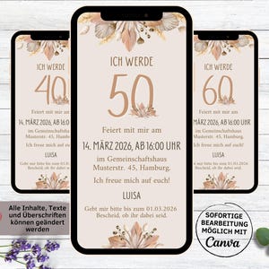 Convite de aniversário de flores secas BOHO digital | Convite de aniversário para enviar via WhatsApp | eCard Flores Folhas | Cartão de convite
