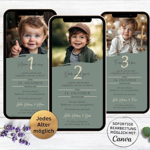 Invitación digital para cumpleaños infantil | Tarjeta de invitación de Whatsapp para el 1.º 2.º 3.º 4.º cumpleaños | Tarjeta electrónica para niñas y niños minimalista con foto.