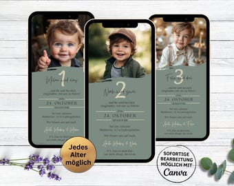 Digitale uitnodiging voor een kinderfeestje | WhatsApp-uitnodigingskaart voor de 1e, 2e, 3e, 4e verjaardag | e-card voor meisje of jongen, minimalistisch met foto
