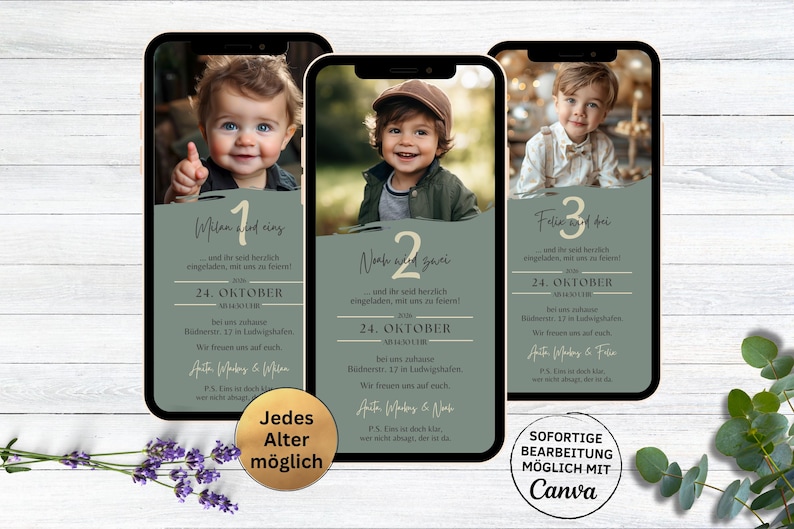 May include: Three phone screen mockups with green and gold birthday invitations. The invitations feature a photo of a child and the text "Milan wird eins", "Noah wird zwei", and "Felix wird drei".