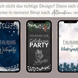 Pode incluir: Tr&ecirc;s designs de tela de telefone diferentes para um convite para uma festa de inverno. O primeiro design apresenta um fundo azul escuro com luzes brancas e flocos de neve. O segundo design apresenta um fundo de quadro negro com luzes brancas e um desenho de um copo de vinho quente. O terceiro design apresenta um fundo branco com flocos de neve azuis e pinheiros.