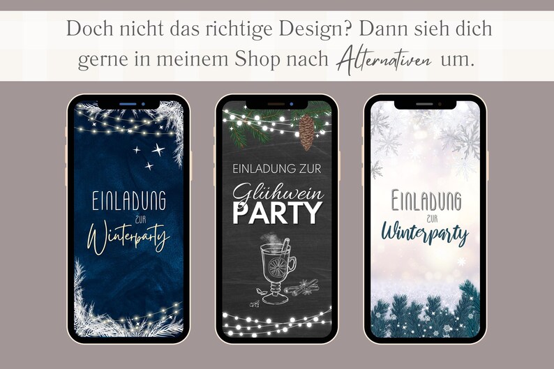 Pode incluir: Tr&ecirc;s designs de tela de telefone diferentes para um convite para uma festa de inverno. O primeiro design apresenta um fundo azul escuro com luzes brancas e flocos de neve. O segundo design apresenta um fundo de quadro negro com luzes brancas e um desenho de um copo de vinho quente. O terceiro design apresenta um fundo branco com flocos de neve azuis e pinheiros.