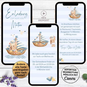 eCard Einladung Taufe Boot Teddy | Taufeinladung maritim digital | Einladungskarte für Taufgottesdienst zum Versenden per WhatsApp | Junge