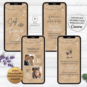 Einladung Doppelparty Hochzeitstag & Geburtstag Kraftpapier | Doppelfeier Einladungskarte für Whatsapp | 10. 15. 20. 25. 30. Hochzeitstag