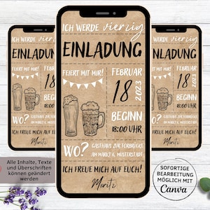 Papier kraft de bière de motif d'invitation d'anniversaire d'eCard numérique | Homme d’invitation d’anniversaire | Carton d'invitation à envoyer via WhatsApp femme