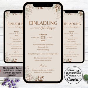 BOHO eCard Geburtstagseinladung mit Blättern | digitale Einladung zum Geburtstag für WhatsApp | Einladungskarte Frau Mann | Geburtstagsfeier