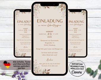 BOHO eCard birthday invitation with leaves | digital birthday invitation for WhatsApp | invitation card woman man | birthday party