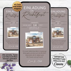 Uitnodiging voor de toppingceremonie bruin met foto | digitale eCard om te versturen via WhatsApp | geanimeerde, aanpasbare uitnodiging voor de topping-outceremonie | Liftbestendig