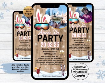 eCard invitations for birthdays in party après-ski motif | digital WhatsApp ski bunny invitation card | funny mobile invitation winter bunny