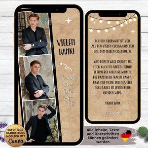 Digitale Danksagung Fotostreifen Kraftpapier für Jugendweihe | Konfirmation | Firmung | Kommunion | Taufe | WhatsApp eCard Danksagungskarte