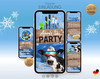 May include: A digital invitation template for an Après Ski party featuring a cow wearing ski goggles, snowy mountain backgrounds, and text elements including "Aprés Ski PARTY," "Ich werde 40," and "Wann und wo steigt die Party?" on smartphone screens.