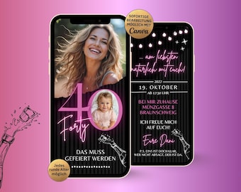 Neon pink birthday party invitation | Digital invitation card for 20th, 30th, 40th, and 50th birthdays | Canva template for 2 photos