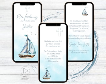 eCard Einladung Taufe | Kommunion maritim Boot digital, animierte Einladungskarte für Taufe zum Versenden per WhatsApp, Videoeinladung