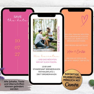 eCard digitale Hochzeitseinladung für Whatsapp pink orange | animierte Save the Date Einladung zur Hochzeit mit Foto | Ankündigung Trauung