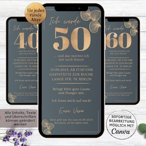 Invitation d’anniversaire bleu gris or numérique | eCard à envoyer via WhatsApp | anniversaire rond 30e 40e 50e 60e 70e 80e feuilles de Ginko