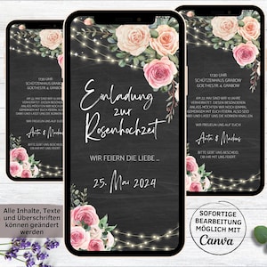Tableau d'invitation numérique eCard de mariage rose pour WhatsApp | Invitation anniversaire de mariage personnalisée roses mariage | 10ème anniversaire de mariage