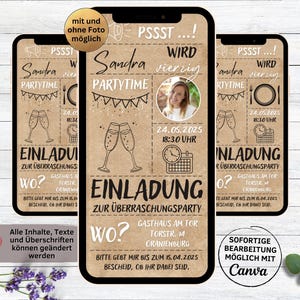 Einladung zur Überraschungsparty Kraftpapier mit Sekt, Psst Überraschung WhatsApp Geburtstagseinladung Foto | Surprise-Party | Surpriseparty