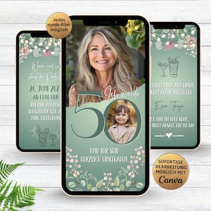Invitación digital de cumpleaños (verde) | Tarjeta electrónica animada para cumpleaños de 30, 40 y 50 años | Invitación de cumpleaños por WhatsApp con fotos para mujeres
