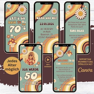 eCard 70er Jahre Retro Geburtstags Mottoparty Einladung Flower Power | digitale Geburtstagseinladung 1970er Retro Feier vintage Pilz Blumen