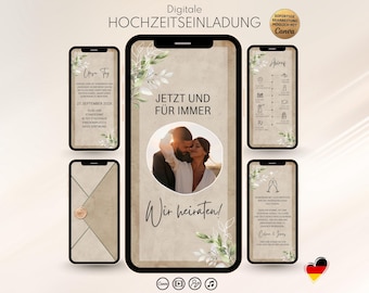 May include: A digital wedding invitation template set displayed on five smartphone screens. The design features a beige background with green leaf illustrations, a central circular photo of a couple, and German text including "JETZT UND FÜR IMMER" and "Wir heiraten!" with a Canva logo badge.