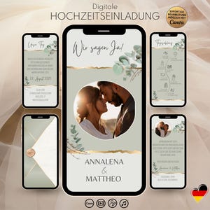 May include: A digital wedding invitation template displayed on five smartphone screens. The design features sage green backgrounds, gold foil accents, eucalyptus leaves, and a circular photo of a couple. Text includes Wir sagen Ja!, Annalena & Mattheo, and details about the event. The layout is editable via Canva.