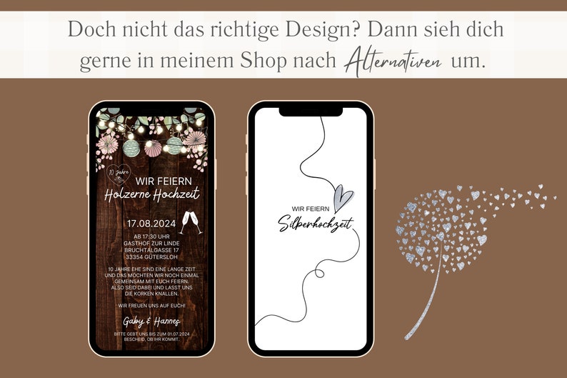 eCard digitale Einladung Hölzerne Hochzeit rustikal für WhatsApp, personalisierbare elektronische Hochzeitstag Einladung Holz Licht mit Foto Bild 10