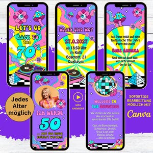 eCard 70s Retro Verjaardagsthemafeest Uitnodiging Flower Power | digitale verjaardagsuitnodiging jaren 70 retrofeest vintage paddenstoelbloemen