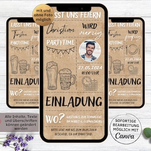 Invitación de cumpleaños digital Cerveza Papel Kraft blanco negro | Invitación de cumpleaños | Tarjeta de invitación para enviar Whatsapp con foto