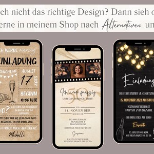 May include: Three different phone screen mockups with invitation designs. The first is a brown and white design with the text "ICH WERDE 50" and "EINLADUNG". The second is a beige and gold design with a photo of a woman and the text "Ich werde funfzig" and "14. November". The third is a black and gold design with the text "Einladung" and "15. November 2023".