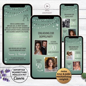 Einladung Doppelparty Hochzeitstag & Geburtstag grün | Doppelfeier Einladungskarte für Whatsapp | 10. 15. 20. 25. 30. 40. 50. Hochzeitstag
