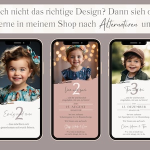 May include: Three different phone screen mockups with birthday invitations for a 2-year-old girl and a 3-year-old boy. The invitations feature a photo of the child, a pink and gray color scheme, and the text "Line wird zwei" and "Theo wird drei".