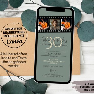 May include: A green and black phone screen with a birthday invitation. The invitation says "I'm turning 30, this must be celebrated!" with a date of August 22nd. The invitation also includes a location and a name.