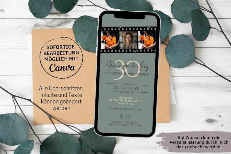 May include: A green and black phone screen with a birthday invitation. The invitation says "I'm turning 30, this must be celebrated!" with a date of August 22nd. The invitation also includes a location and a name.