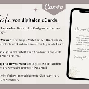 May include: A graphic with a list of advantages of using digital eCards. The advantages include: customizable, fast delivery, cost-effective, environmentally friendly, and time-saving. The graphic also includes a sample eCard with a floral design and the text "Wir sagen Danke..." which translates to "We say thank you..." in English.