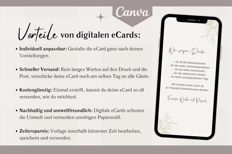 May include: A graphic with a list of advantages of using digital eCards. The advantages include: customizable, fast delivery, cost-effective, environmentally friendly, and time-saving. The graphic also includes a sample eCard with a floral design and the text "Wir sagen Danke..." which translates to "We say thank you..." in English.