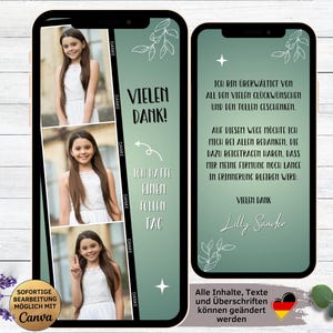 Digitale Danksagung Fotostreifen grün für Firmung | Jugendweihe | Kommunion | Konfirmation | Taufe | eCard Danksagungskarte für WhatsApp