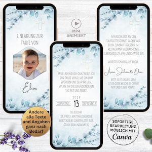 eCard Einladung Taufe Blätter blau | animierte Einladungskarte für Taufgottesdienst zum Versenden per WhatsApp mit Foto | Taufeinladung
