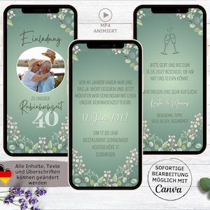 Digitale Einladung Rubinhochzeit grün Blumen für WhatsApp | personalisierbare eCard 40. Hochzeitstag Einladung | Rubin Hochzeit Gartenparty