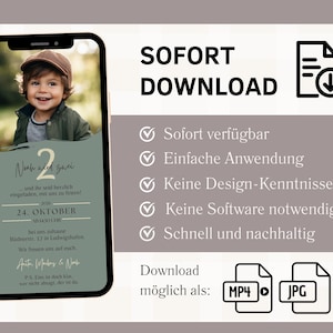 May include: A digital invitation for a 2nd birthday party with a photo of a young boy in a green shirt. The invitation is green and white with the text "Naeh und zwei" and "24. Oktober".