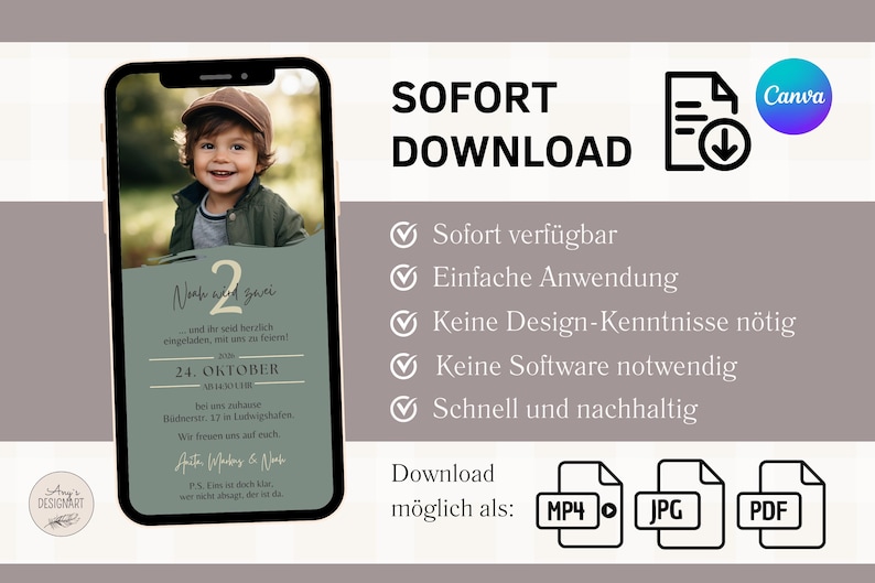 May include: A digital invitation for a 2nd birthday party with a photo of a young boy in a green shirt. The invitation is green and white with the text "Naeh und zwei" and "24. Oktober".