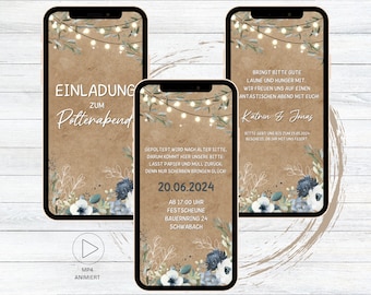 eCard digitale Einladung Polterabend Garten Kraftpapier für WhatsApp, animierte Polterabendeinladung blau weiß Blumen | Polterhochzeit